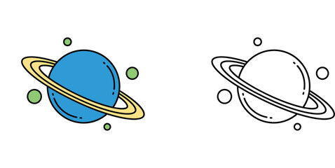 Cartoon Saturn Planet Illustration Set, Colored and Black and White Outline Icons of Celestial Body with Rings and Moons for Kids Education and Space Science Design (171 Characters) © MSTA