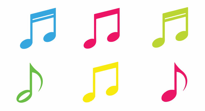 Colorful music notes on white.
