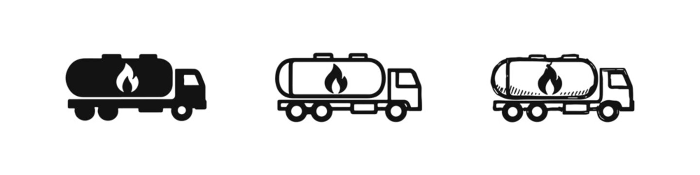 Fuel Tanker Truck with Flame Icon Set. Hazardous Materials Transport Symbols. Flammable Liquid Delivery Vehicle Vector.