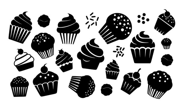 Modern Black And White Cupcake Vector Illustration Set