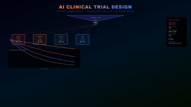 AI Drug Discovery optimizes clinical trial design through adaptive randomization and Kaplan Meier analysis, dynamically visualizing patient data and treatment efficacy in pharmaceutical research.