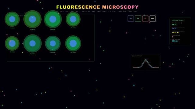 Cutting-edge fluorescence microscopy displays dynamic cellular responses, as an AI Drug Discovery system tracks uptake and localization metrics over time.