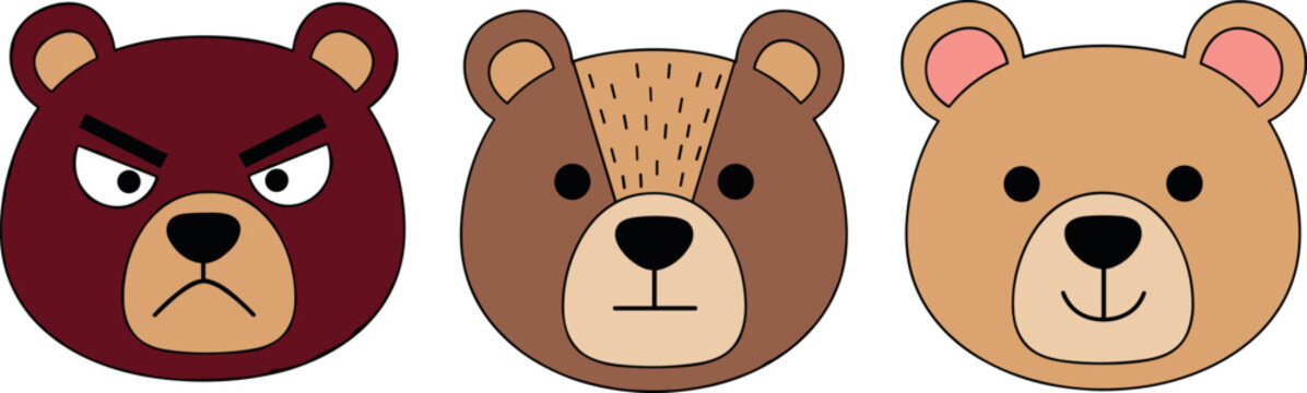 Cartoon Bear Face Illustration Set Featuring Angry, Neutral, and Happy Bear Expressions for Animal, Character, and Wildlife Designs