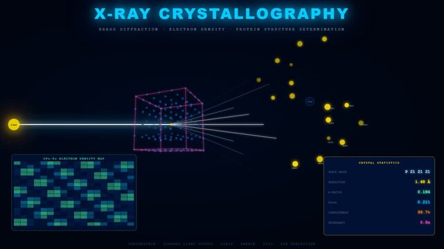 Dynamic scientific animation illustrating X-ray crystallography, critical for AI drug discovery and molecular structures, showing diffraction and data analysis.