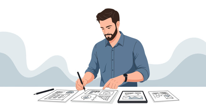 Designer creating website wireframes and user interface on desk with tablet and sketches