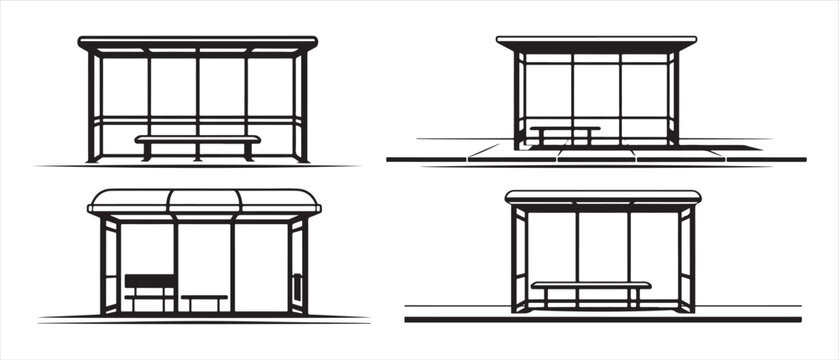 Collection of Modern Bus Stop Shelter Illustrations with Benches and Transparent Panels.