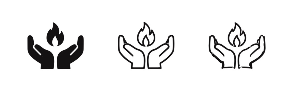 Hands Cupping Flame Icon Set - Symbolizing Energy Protection, Care, and Natural Gas Heating
