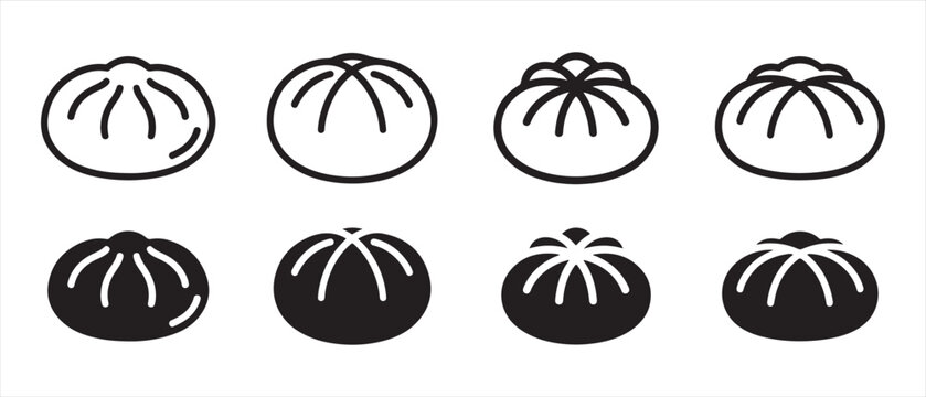 Baozi Steamed Bun and Chinese Dumpling Icons. Outline and Solid Black Symbols for Asian Food Design.