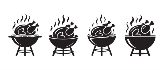 Barbecue Chicken Icons. Whole roast chickens cooking on four different kettle grills, emitting steam. © Safali