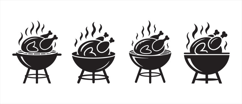 Barbecue Chicken Icons. Whole roast chickens cooking on four different kettle grills, emitting steam.