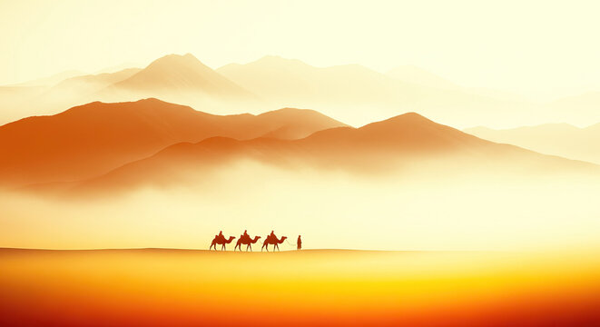Camel Caravan on yellowish desert background, Hijrah graphic. Ideal background for Hari Raya or Hari Haji.
