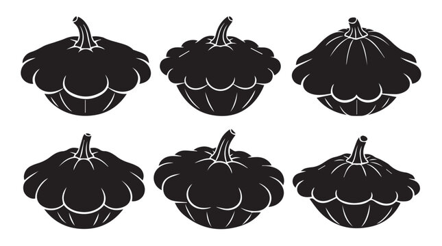 Six black silhouette pattypan squash icons on a white background