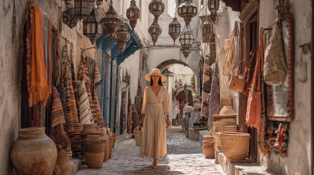Sunlit travel scene of a woman walking through a narrow market street with hanging lanterns, woven textiles, and warm Mediterranean atmosphere.