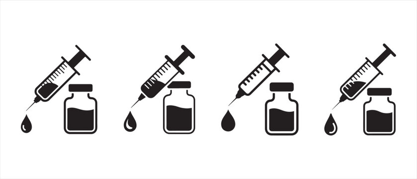 Medical icons of a syringe drawing liquid from a vial and dropping it, set against a white background.