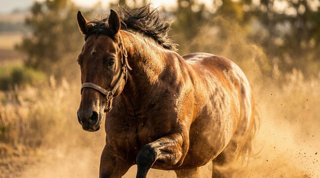Brown horse with a bridle runs through a dusty field with trees in the background freely