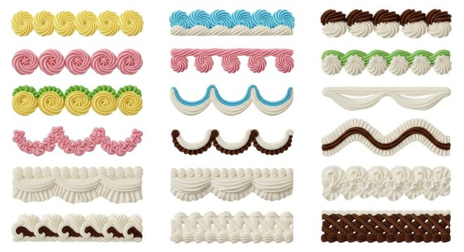 Pastel buttercream frosting borders set, decorative cake icing piping collection, colorful whipped cream swirls and sweet dessert toppings on white