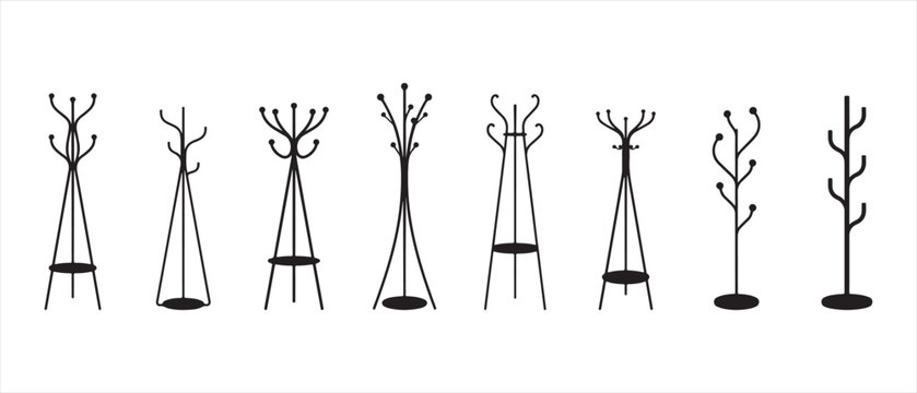 Collection of Coat Stands and Hat Racks, Black Silhouettes on Clean White Background.