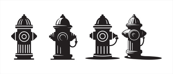 Set of black fire hydrant silhouettes and icons, isolated on white background, depicting urban plumbing and emergency safety. © Safali