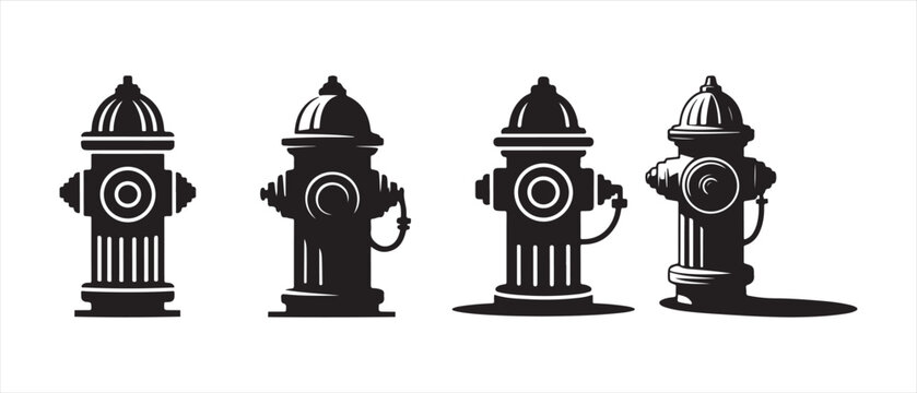 Set of black fire hydrant silhouettes and icons, isolated on white background, depicting urban plumbing and emergency safety.