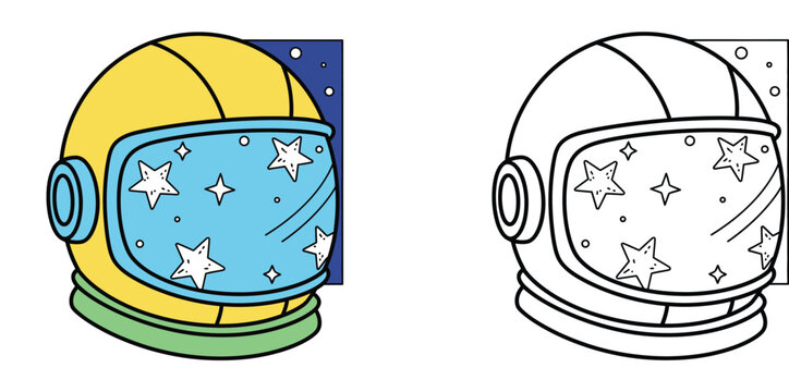 Astronaut Helmet with Stars Reflection Set, Colored and Black and White Outline Illustrations for Kids Coloring Pages, Space Exploration and Science Education Graphic Icons (181 Characters)