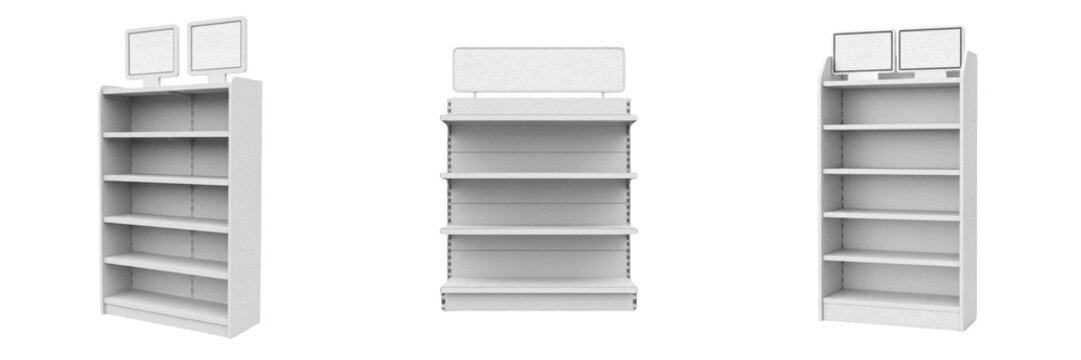 Retail Shelf Display with Blank Signage, Estante de Tienda, &Eacute;tag&egrave;re de Magasin, 零售货架, Store Merchandise Stand, Point of Sale POS Mockup, Commercial Product Display, Supermarket Shelf Design