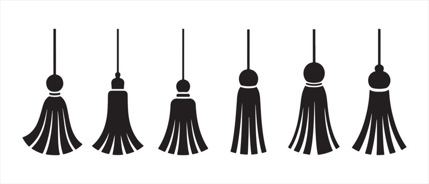 Stylish black tassel decorative elements set, various elegant silhouette designs isolated on white background.