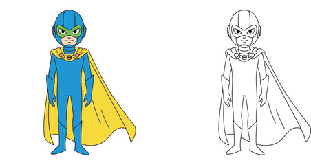 Superhero Boy Character in Blue Suit and Yellow Cape, Colored and Black and White Line Art Illustration Set for Kids Coloring Pages and Adventure Theme Design (171 Characters) © MSTA