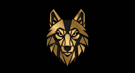 Obraz premium Golden wolf head logo with geometric shapes on black background.