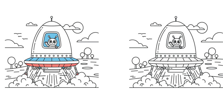Cartoon UFO Spaceship with Alien Waving Taking Off from Earth, Set of Color and Black and White Line Art for Kids Coloring Pages and Science Fiction Theme Illustration (164 Characters)