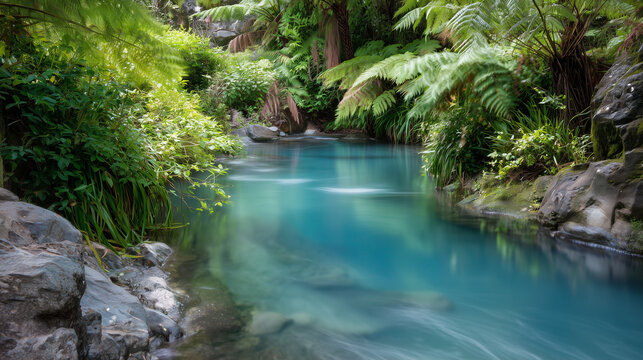 A serene turquoise pool tucked behind lush ferns, long exposure water silkiness