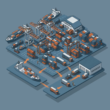 Isometric illustration of a global logistics and shipping network.