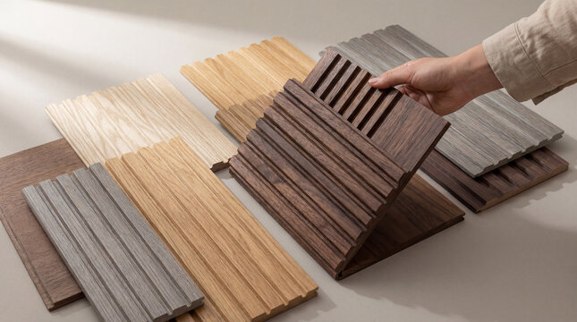 Textured wood panel samples in various natural tones and finishes, being chosen by hand. Perfect for modern interior design