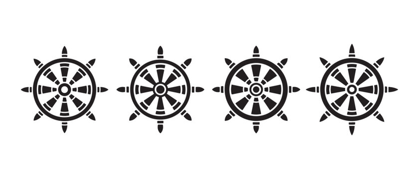 Ship steering wheels icons. in a row, black and white vector icons.