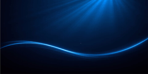 A dark blue abstract background featuring glowing light rays and digital wave motion creates a futuristic energy design for a high-tech backdrop illustration © MDNUR
