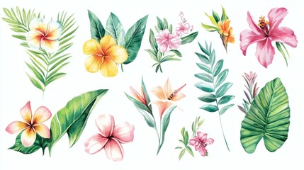 Obraz premium Watercolor set of tropical floral bouquets and palm leaves on white, vibrant pink, orange and yellow flowers, botanical clipart collection.
