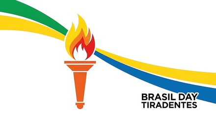 Brasil Day Tiradentes national holiday banner, patriotic torch with flame, green and yellow ribbons on white background, Brazilian culture celebration