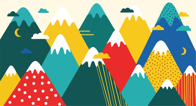Colorful Mountains with Snow and Patterns.