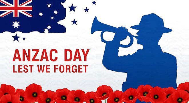 ANZAC Day Lest We Forget commemorative banner, Australian flag and soldier silhouette with bugle, red poppy flowers on white background
