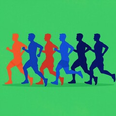 Fototapeta premium Silhouettes of Runners in Blue, Red, and Black on Green Background