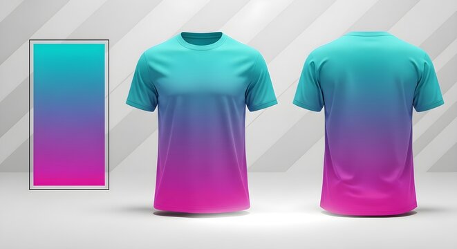 Teal to pink gradient athletic t-shirt mockup with modern color transition for sportswear