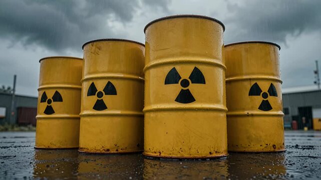 nuclear waste barrels in industrial yard radiological hazard cloudy sky