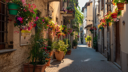 Obraz premium A narrow Italian street with flower boxes, morning light, soft focus