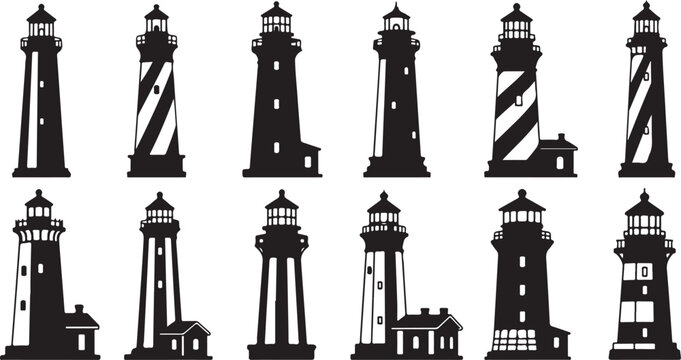 Collection of various lighthouse silhouettes on white background