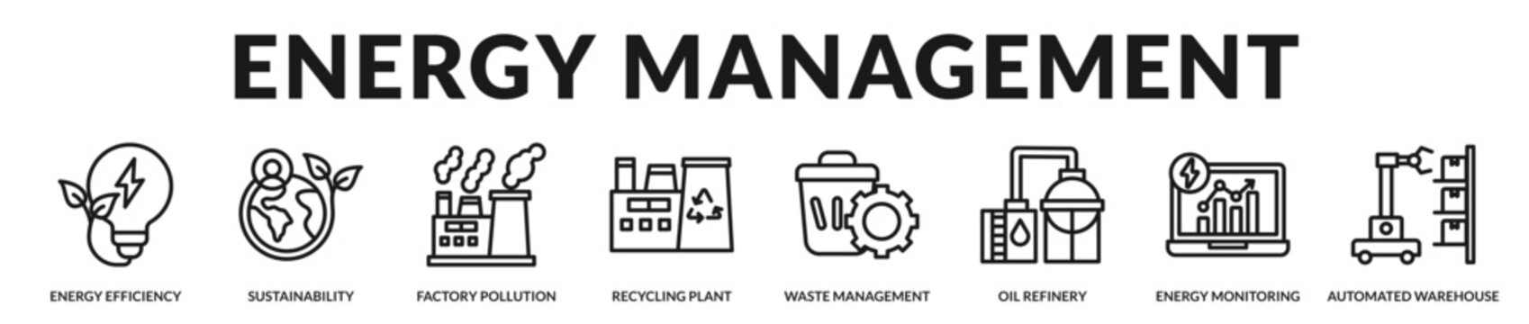 A sustainability banner highlighting energy usage, monitoring systems, and environmental control in Lineal Icon Style