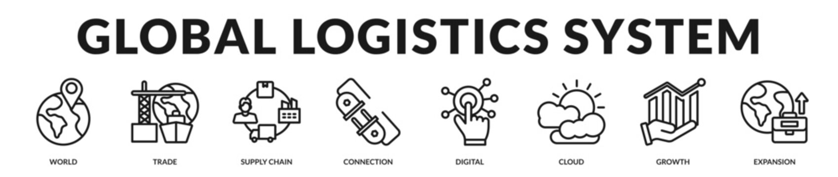 A globally oriented icon set capturing logistics flow, international trade routes, and supply chain coordination in Lineal Icon Style