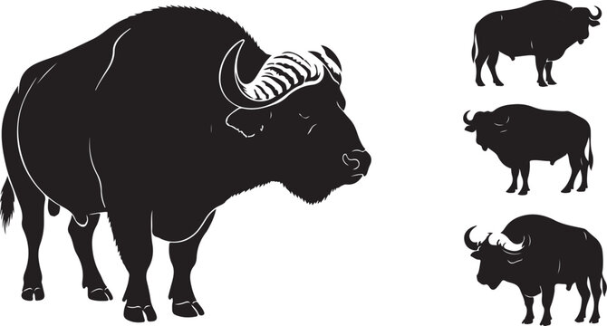 Black silhouette of a bison with various profile views