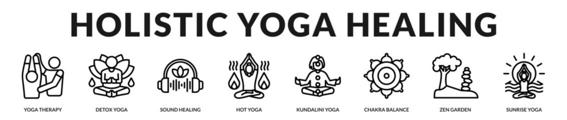 Fototapeta premium Icons illustrating holistic healing, energy balance, and spiritual wellness practices in yoga in Lineal Icon Style