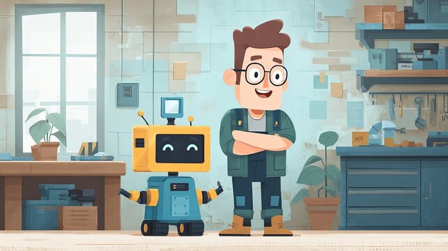 A friendly young inventor standing proudly next to his cute, smiling yellow and blue robot in a cluttered workshop filled with tools and plants