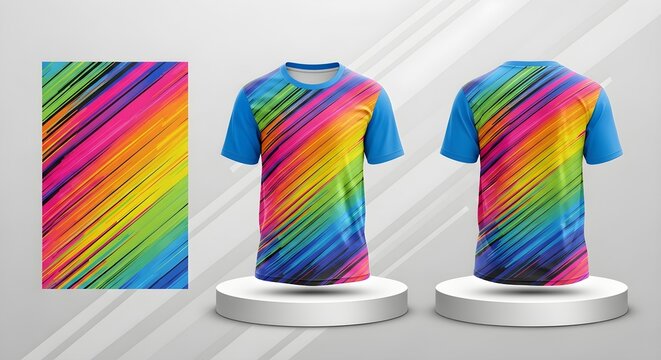 Colorful jersey mockup with abstract diagonal stripes pattern design for sports and team