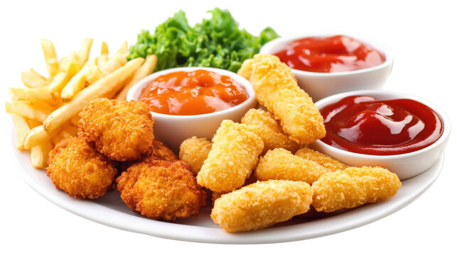 Assortment of crispy chicken nuggets fish sticks and french fries served with two bowls of ketchup and lettuce on white plate, delicious kid friendly meal or party food, isolated on transparent.